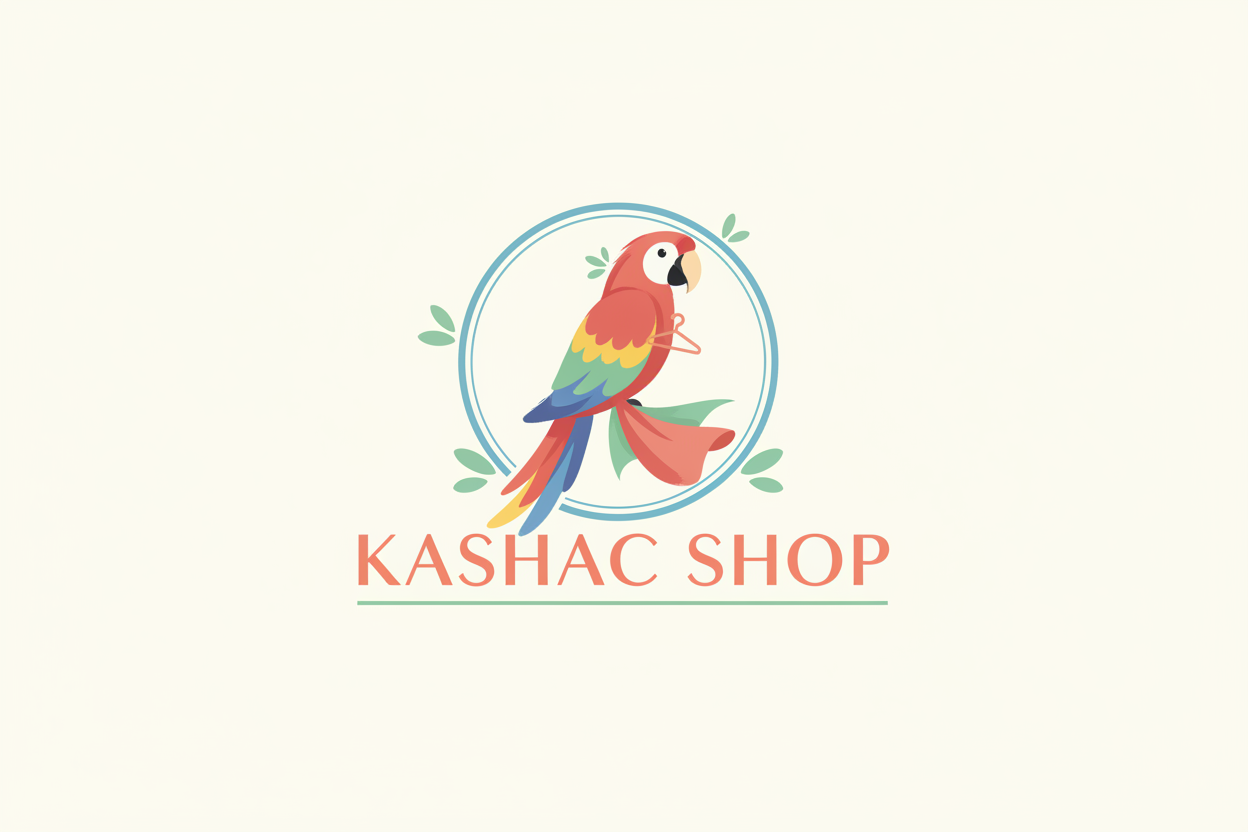 create a unique  logo with the name KASHAC SHOP with clothes  minimalist with cute color con una guacamaya de honduras y letras bonitas